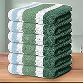 Green and White Washcloths (6PC, 13"x13") - 100% Cotton, Quick Dry, Thick&Absorb, Soft Washcloths for Bathroom & Showering, Striped Wash Cloths for Face & Body, Green Stripe and White Waffle/Checkered