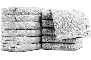 Villa Celestia 100% Cotton Wash Cloth for face & Body Set of 12, (12 x 12 inches) Sustainable, Soft, Highly Absorbent, Combed Cotton Wash Cloths Pack of 12 for Hotels, Spa, Bathroom, Dorm, Silver