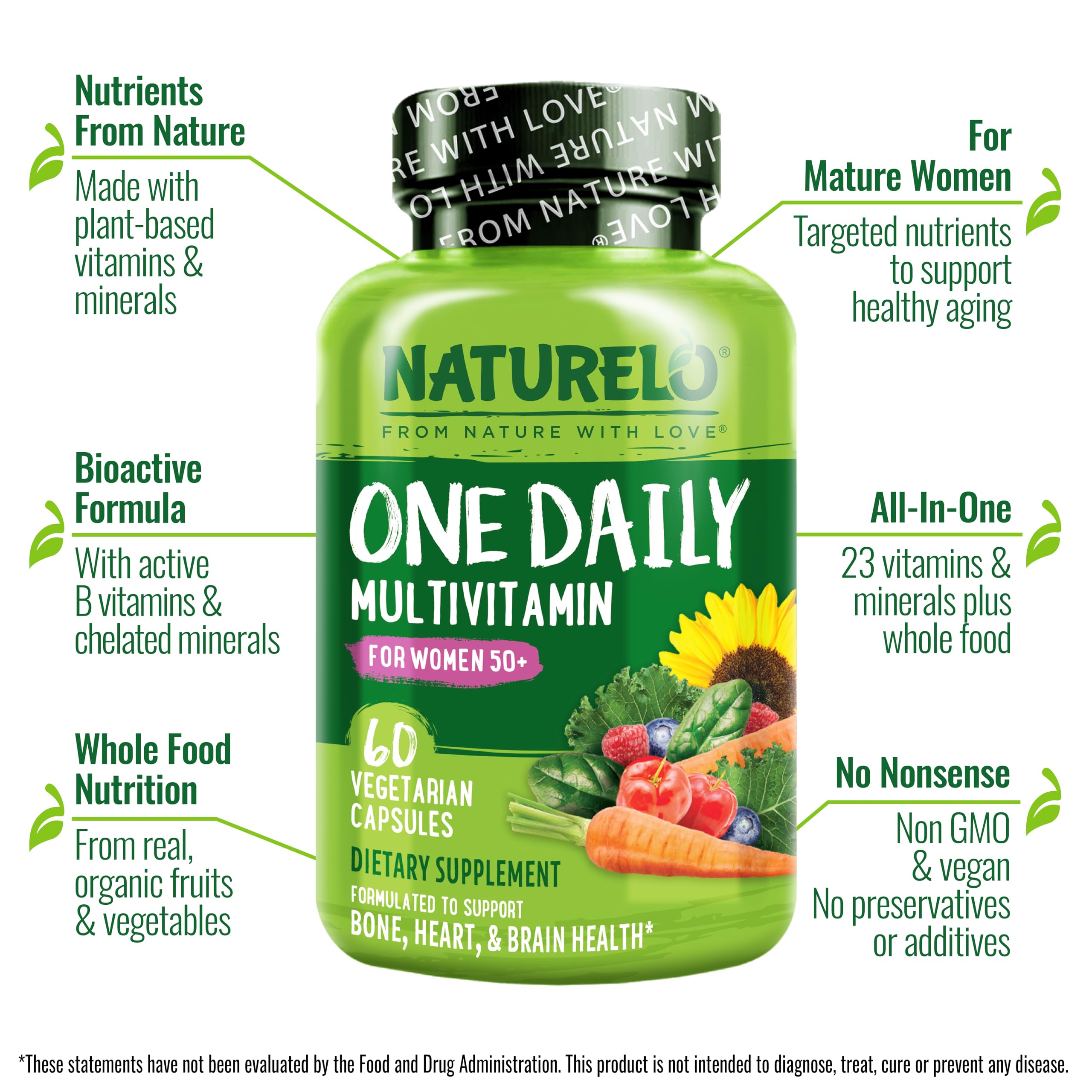 NATURELO One Daily Multivitamin for Women 50+ (Iron Free) - Menopause Support for Women Over 50 - Whole Food Supplement - Non-GMO - No Soy - 60 Capsules - 2 Month Supply