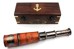 JUNZALINAUTIC Handcrafted M.A.C. Telescope | with Wooden Box | Functional Vintage Replica Brass Nautical Antique Telescope | Brass Nautical Spyglass & Collectible Decor 15 Inches