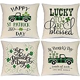 Ueerdand St Patrick's Day Pillow Covers Set of 4 18x18 Inch Shamrock Happy St Patrick's Day Decorations Green Clover Buffalo Plaid Lucky Truck Decorative Pillow Cases Throw Cushion Covers