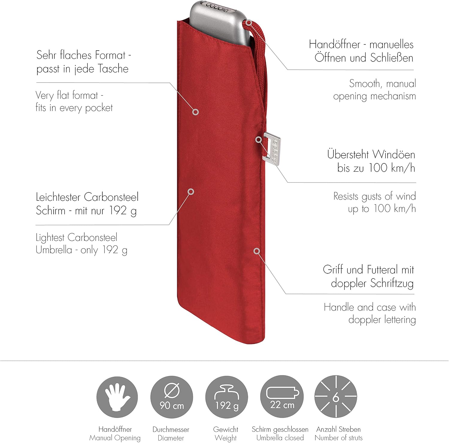 doppler Pocket Umbrella Carbon Steel Slim Plain – Handy Format – Feather Light – 22 cm - Image 3