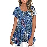 Nandashe Women Short Sleeves Tunic Shirts Casual Scoop Neck Floral Irregular Hem Blouses Tops