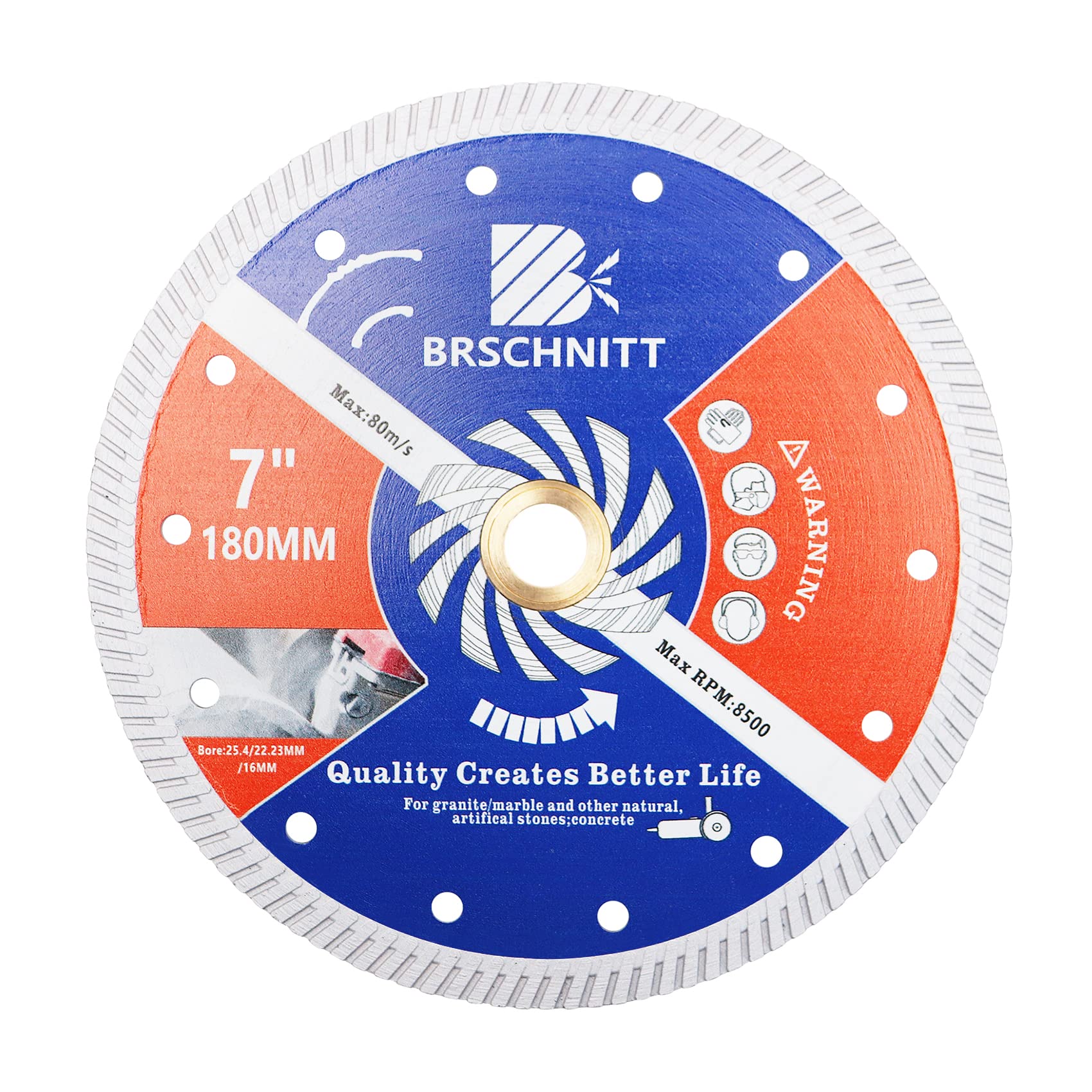 BRSCHNITT Diamond Disc for Concrete Masonry,180mm with Arbor 25.4mm-22.23mm-16mm Dry/Wet Continuous Rim Diamond Cutting Disc for Granite Marble Stone Hard Concrete Reinforced Concrete