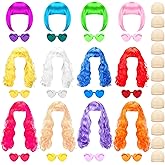 Fingertip WD 36 Pcs Colored Wig Set with 12 Pcs Wig Caps and Heart Shape Sunglasses, Long Curly Wigs to Short Bob Hair Wigs for Bachelorette Parties