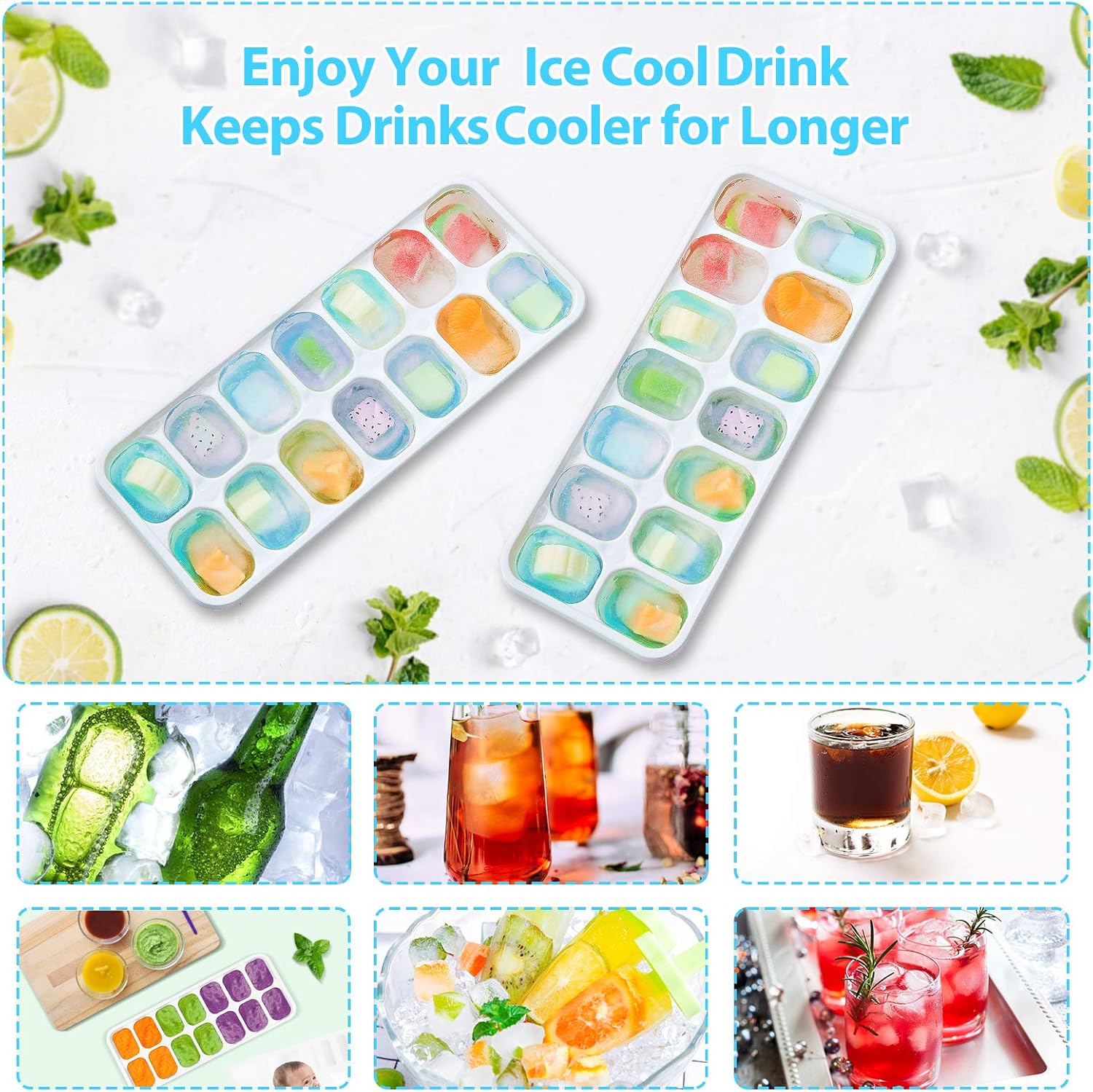 DOQAUS Ice Cube Trays 4 Pack, Easy-Release Silicone and Flexible 14-Ice Cube Trays with Spill-Resistant Removable Lid, LFGB Certified and BPA Free, for Cocktail, Beer, Stackable Flexible Ice Trays: Kitchen & Dining