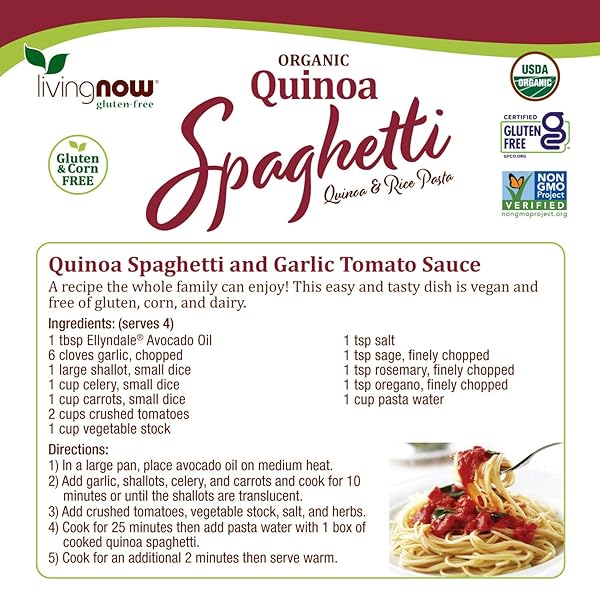 NOW FOODS, ORGANIC QUINOA SPAGHETTI, GLUTEN-FREE, CORN-FREE, NON-GMO, QUINOA AND RICE PASTA, 8-OUNCE