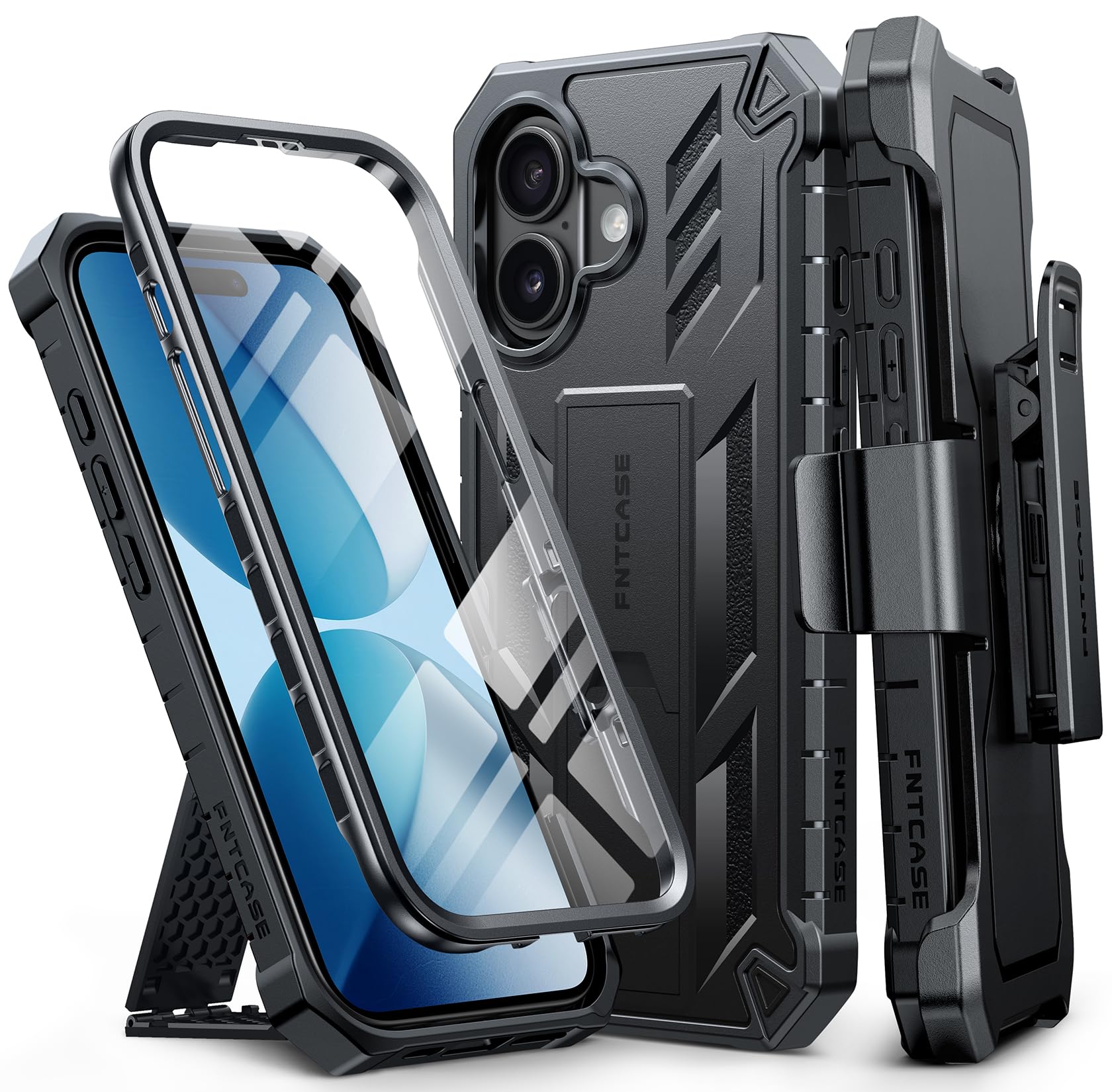 Photo 1 of FNTCASE for iPhone 17 Phone Case: Military Grade Rugged Cell Phone Cover with Kickstand & Holster | Shockproof TPU Protection Bumper Matte Textured Design for Phone Cases 6.3 inch-Black