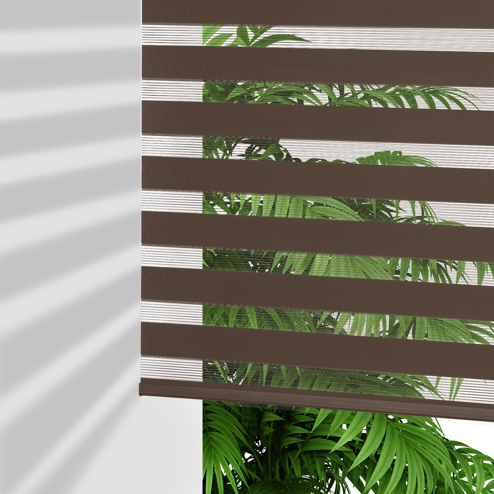Photo 1 of ***(MISSING HARDWARE)***Joydeco Cordless Zebra Blinds for Windows, Dual Layer Light Control Window Blinds with Light-Proof Aluminum Cover, Free-Stop Roller Shades for Home & Office (Coffee,35" W x 75" H)