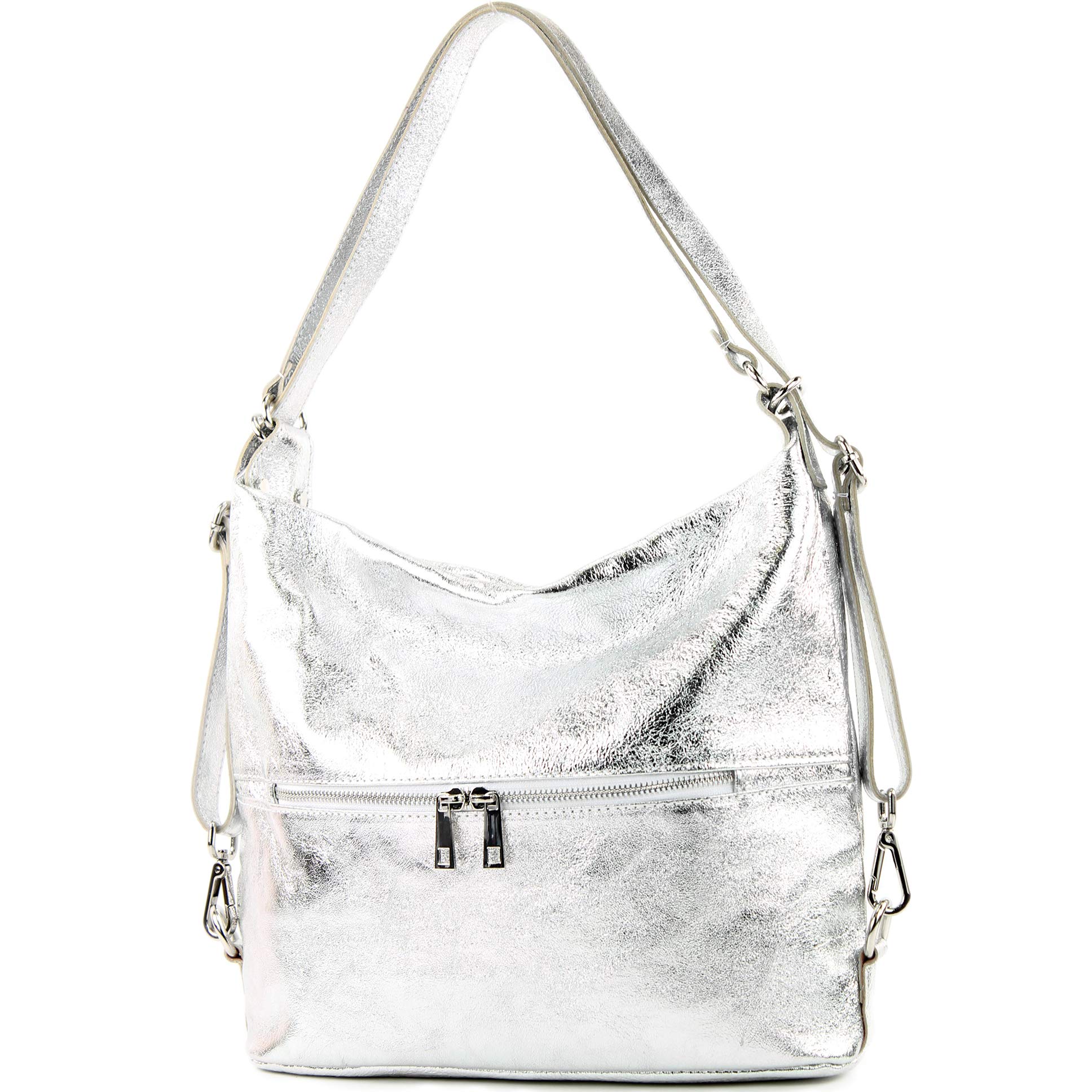 modamoda de - T189 - ital. Ladies backpack bag 2in1 made of leather, Colour:silver