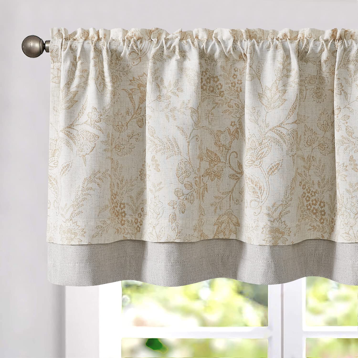 TOPICK Floral Kitchen Curtains Small Cafe Curtains Blackout Double Layer Curtain Valance for Sink Living Room Cupboard Rod pocket 1 Panel Taupe on Beige 18 Inch Drop