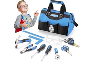 REXBETI 10-Piece Kids Tool Set with Real Hand Tools, Blue Durable Storage Bag, Children Learning Tool Kit for Home DIY and Woodworking,6+ Years Old Birthday Gift
