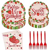 96 Pcs Berry First Birthday Decor 350 GSM Strawberry Plates and Napkins Sweet One Tableware Set for Girls Strawberry 1st Birthday Decorations Baby Shower Spring Summer Fruit Party Supplies Serves 24