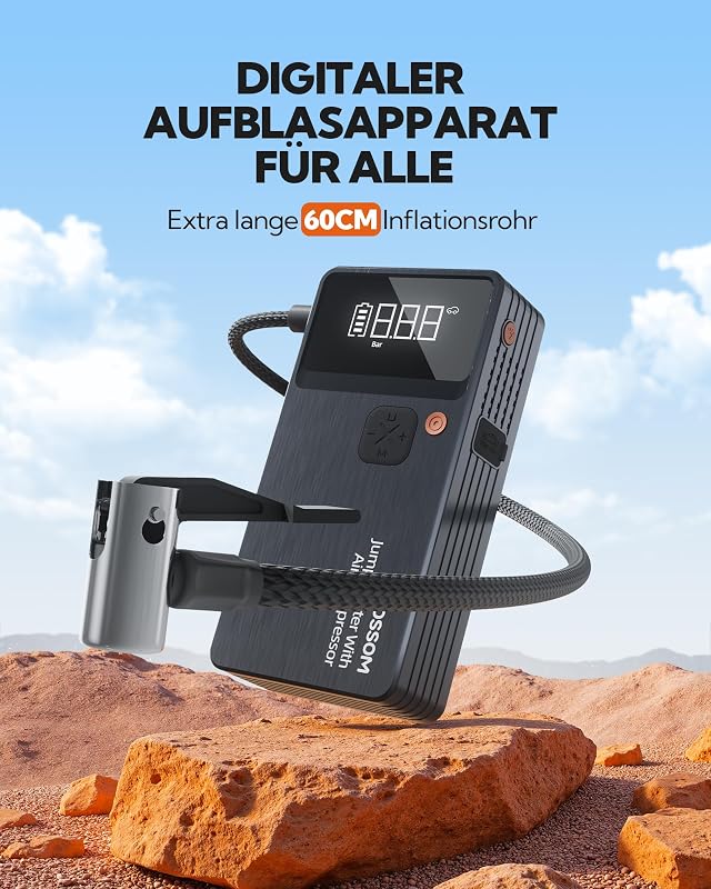 Starthilfe Powerbank für PKW mit 7 in 1 Portablem Luftkompressor,Powerpack kfz Booster mit 12000 mAh,Auto Jump Starter Batterie mit LED Lampe und USB-C Ladung,Reiseset und Notfallwerkzeug