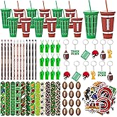 Hollowfly 122 Pcs Football Party Favors Football Gift Set Includes Cups with Straw Mini Stress Ball Keychains Slap Bracelets Whistles Stickers Pens for Birthday Party Supplies