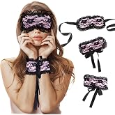 FRESHME Blindfold Sleep Mask and Hand Ties - 3 Pcs Pink Black Cute Comfortable Lace Blackout Sleeping Eye Mask Cover Blind Folds for Couples Women, Lovely Valentines Day Gift for Her Girlfriend Wife