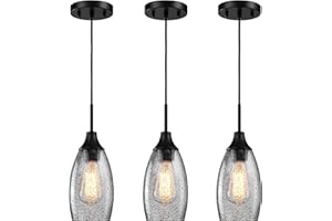 Viinew Mini Glass Pendant Light 3-Pack 4.72" Handblown Clear Industrial Black Seeded Glass Shade, Adjustable Cord Ceiling Light Fixture for Kitchen Island Sink