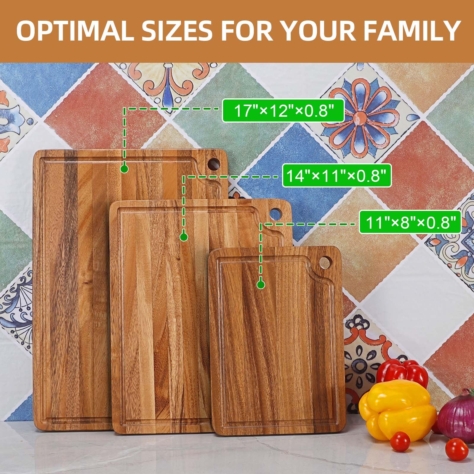 Acacia Wood Cutting Boards Set for Kitchen, Caperci Large Wooden Cutting Chopping Boards Set of 3 with Deep Juice Groove and Handle Hole for Meat, Veggies and Fruit (17x12, 14x11, 11x8 inch)