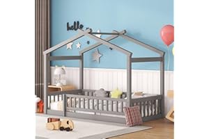 MERITLINE Twin House Bed for Kids Twin Montessori Floor Bed Frame with Rails and Roof, No Box Spring Needed, for Kids Teens Girls Boys (Twin Size, Gray)
