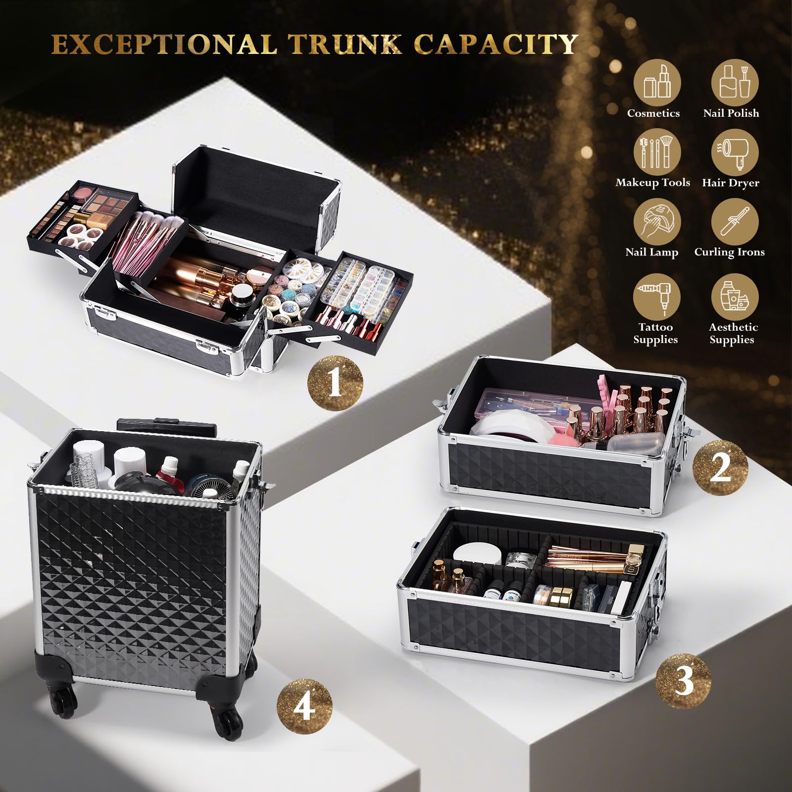 Stagiant Rolling Makeup Case Cosmetology Case on Wheels 4 in 1 Large Cosmetic Organizer Train Case Makeup Travel Case with Key Swivel Wheels Nail Artist Salon Storage Traveling Cart Trunk Black