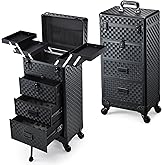 Stagiant Rolling Makeup Case with Drawers Cosmetology Case on Wheels 4 IN 1 Makeup Case 3 Drawers with Foot Stand Spring-release Mechanism Rolling Make Up Organizer for Artist Salon Nail Teach Trunk