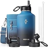 Coolflask Half Gallon Water Bottle Insulated with Straw &amp; 3 Leakproof Lids | 64 oz Large Water Jug Stainless Steel Triple-Wall, Cold 48+h/Hot 24+h Dishwasher Safe, BPA-Free, for Sports Gym &amp; Hiking