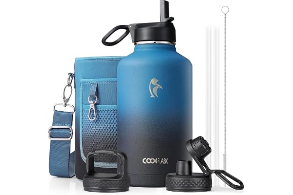 Coolflask Half Gallon Water Bottle Insulated with Straw & 3 Leakproof Lids | 64 oz Large Water Jug Stainless Steel Triple-Wal