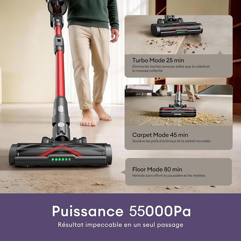U18 Pro Aspirateur Balai sans Fil | 55kPa Puissant Poils d'animaux | GreenEye | 80min Autonomie | HEPA H13 Anti-Allergie | Tube Pliable | Maison & Voiture
