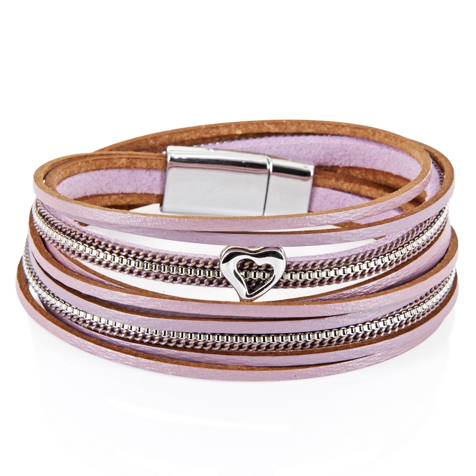 StarAppeal Women's Wrap Bracelet in Leather with Heart, Chain and Magnetic Clasp Silver, 16 5 cm, Leather, Without Stone