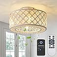 18 Inch Caged Ceiling Fans with Lights, Low Profile Ceiling Fan and Remote/APP Control Fandelier Crystal Fan Light for Bedroom Living Room Dining Room Kitchen Indoor, Including Bulb (Rustic White)