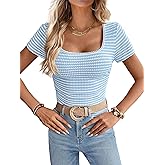 LUXVEER Women Summer Short Sleeve Shirts Ruched Tops Sexy Square Neck Blouses Going Out Knit T Shirt Basic Tees