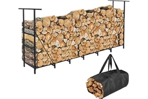 HONEST OUTFITTERS 8ft Firewood Rack Outdoor, Adjustable Heavy Duty Firewood Holder, Adjustable Wood Racks for Outdoor Indoor, Metal Log Racks for Firewood with Firewood Bag Carrier, Black