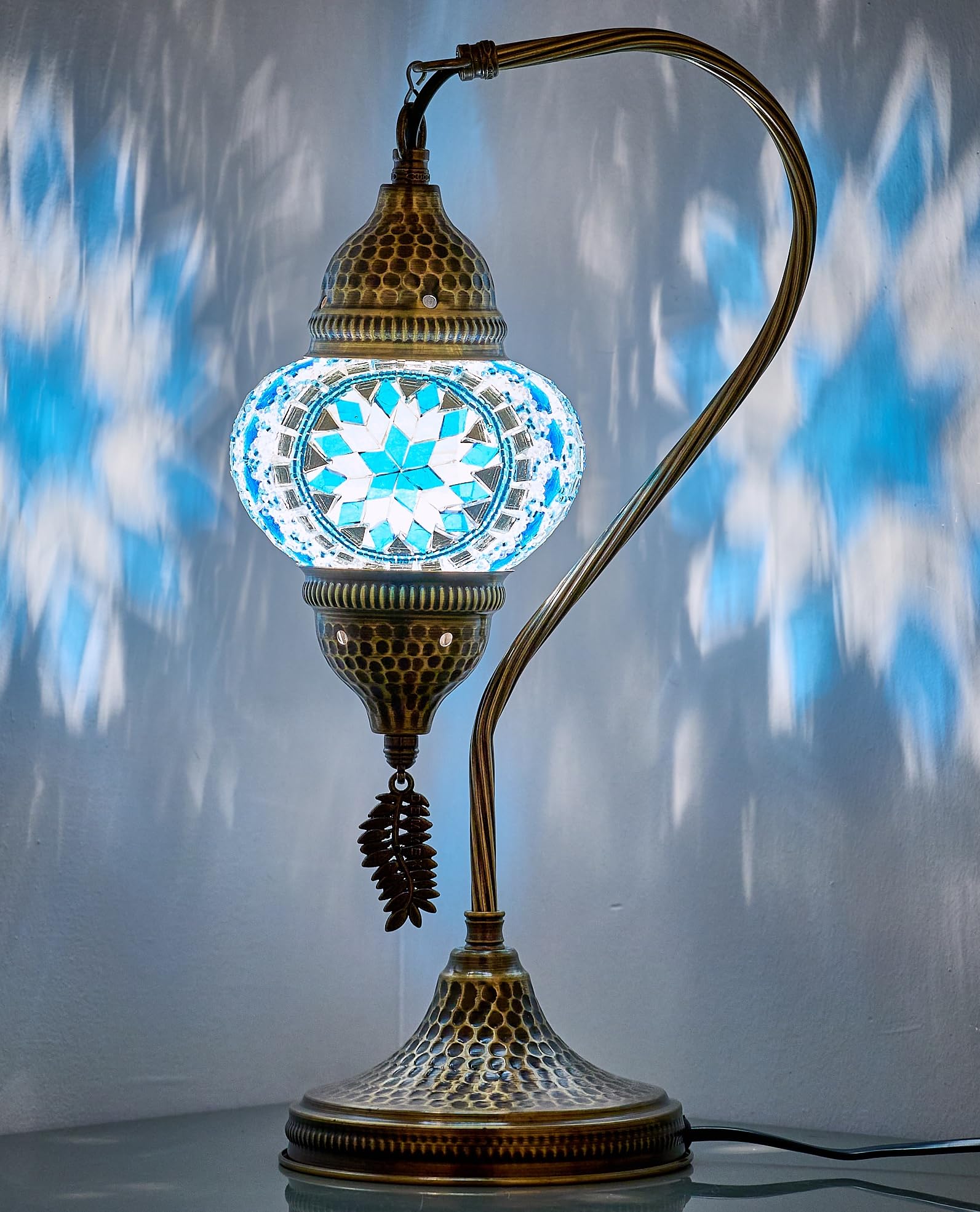 Photo 1 of DEMMEX Turkish Moroccan Table Lamp, Swan Neck Tiffany Style Mosaic Glass Table Desk Bedside Lamp for Bedroom, Living Room – Handcrafted in Turkey, LED Bulb Included, Aqua Blue