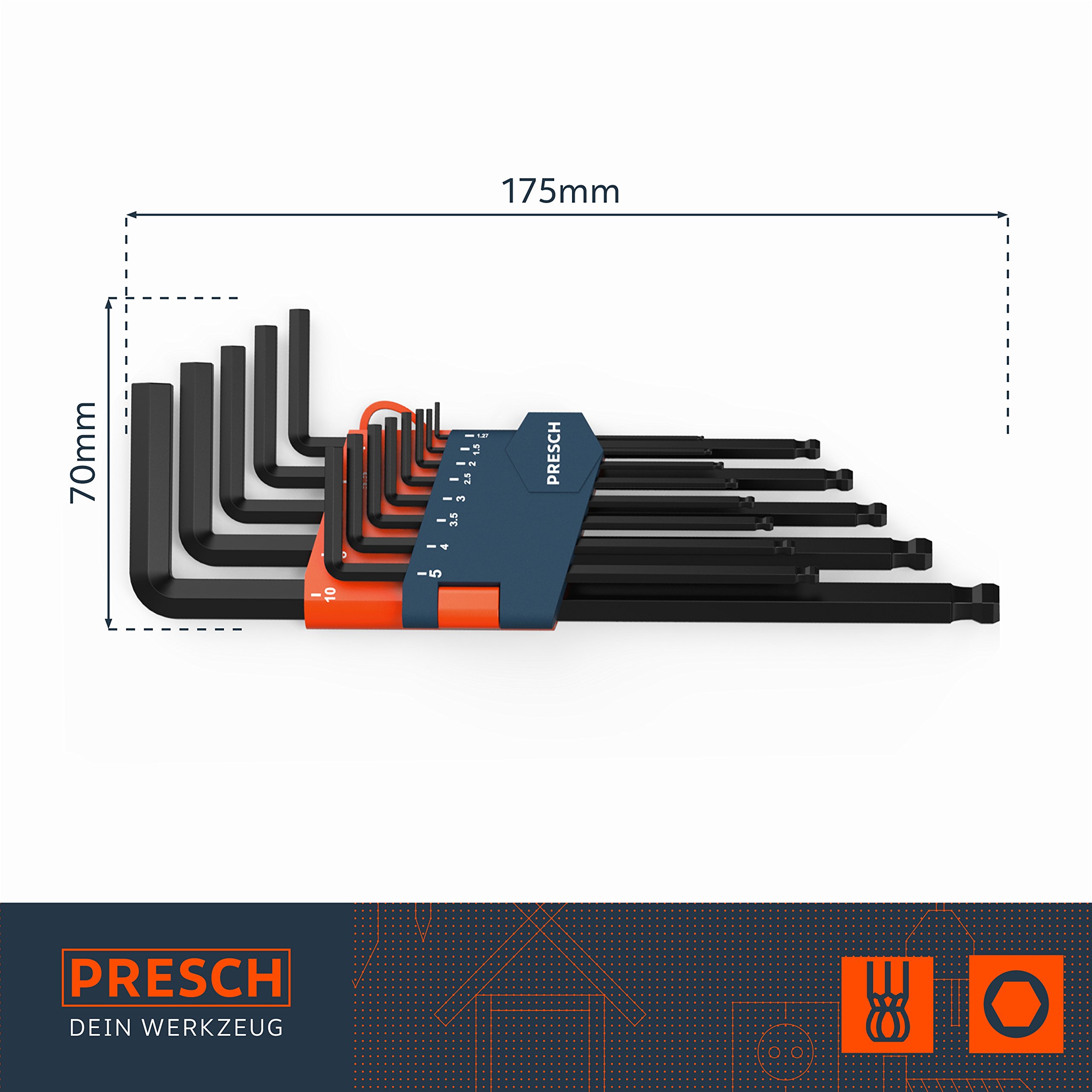 PRESCH Innensechskant Satz 13 tlg mit Kugelkopf HX - Profi Innensechskantschlüssel Set - Schlüssel klein und kompakt mit Halter 2