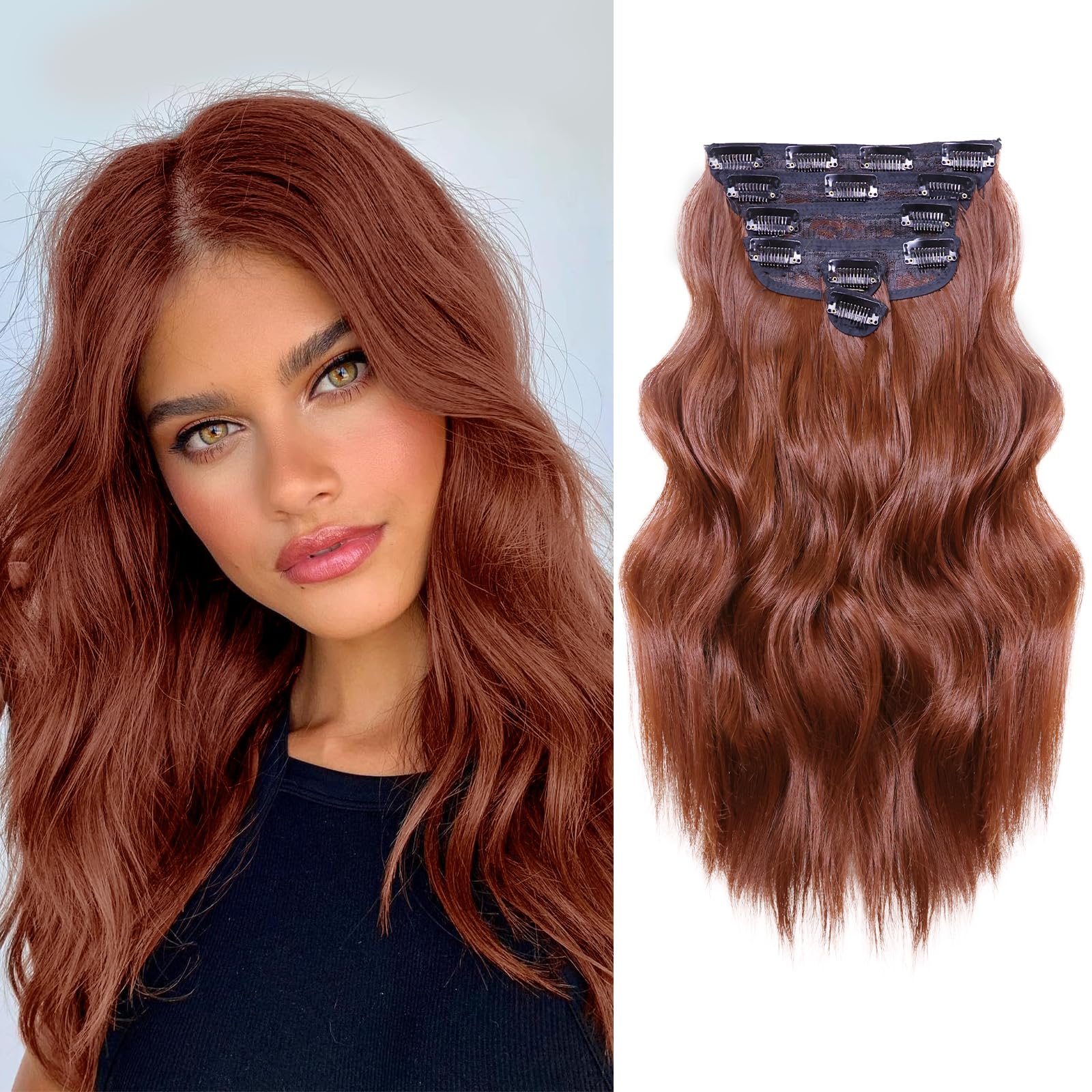 Photo 1 of NAYOO Clip in Hair Extensions for Women 14 Inch Short Wavy Curly Auburn Hairpieces Full Head Synthetic Hair Hairpieces(6PCS,Auburn)