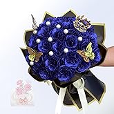 jabeick Glitter Roses Bouquet, Shiny Artificial Roses Flowers with Stems DIY Fake Glitter Flowers Bouquet for Valentine's Day, Anniversary, Graduation, Birthday, 24 Roses (Blue)
