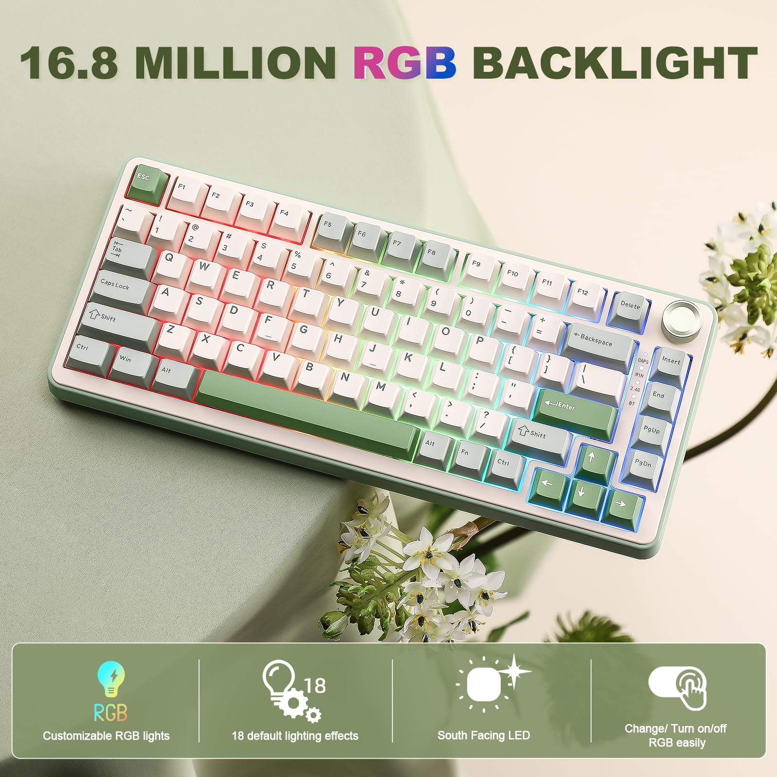 Yunzii B75 Pro Wireless Mechanical Keyboard,75% Gaming Keyboard Gasket Hot Swap Custom Keyboard With Knob,Pre-Lubed Switches Rgb,Bluetooth/Type-C/2.4G (Matcha Green, Milk Switch) - View 6