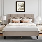 Novilla Queen Bed Frame with Headboard, Bed Frame Queen Size with Wood Slats Support, Linen Upholstered Pull-Point Headboard, No Box Spring Needed, Heavy Duty Feet, Easy Assembly, Beige