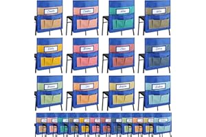 Chapou 24 Pcs 16" x 18" Chair Pockets for Classrooms Chair Storage Pocket School Chair Bag Organizer with Name Tag Slot and 6 Pockets for Kindergarten Student Book (Pastel Color)