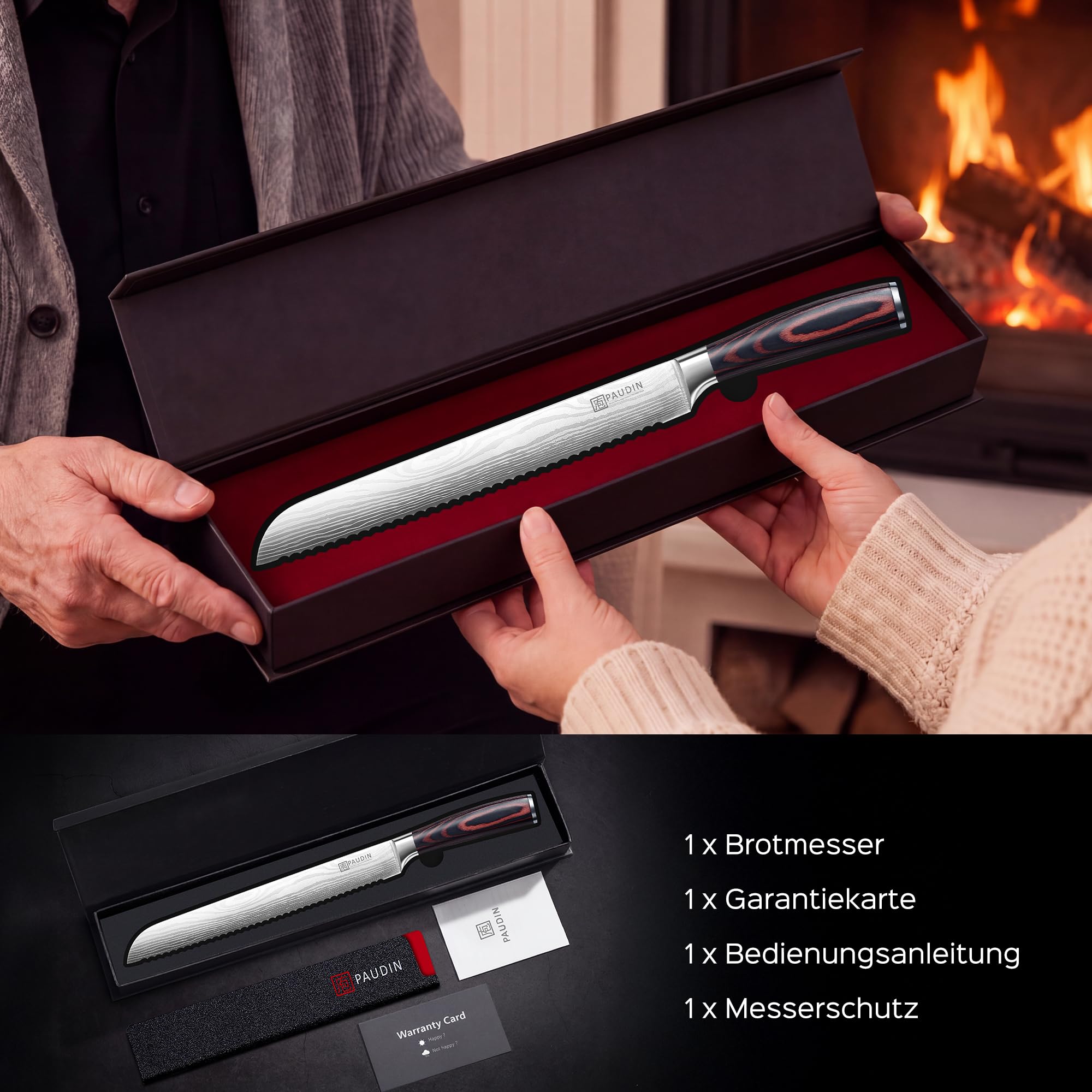 PAUDIN Brotmesser mit Wellenschliff 26 cm aus hochwertigem rostfreiem Edelstahl, extra scharfe Messerklinge mit ergonomischem Pakkaholzgriff 8