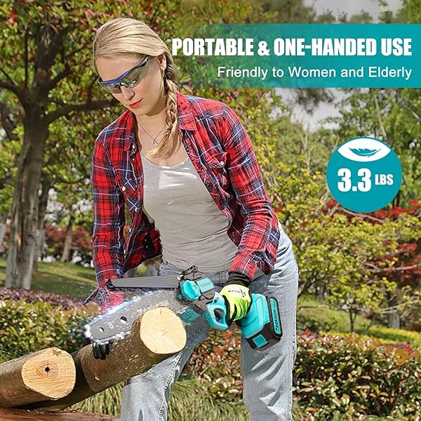 8 INCH ELECTRIC CHAINSAW CORDLESS WITH AUTO OILER, SENIORS FRIENDLY BATTERIES POWERED HAND HELD CHAIN SAW KIT, AUTOMATIC CHAIN TENSIONING & AUTO OILER FOR TREE BRANCHES, COURTYARD, AND GARDEN