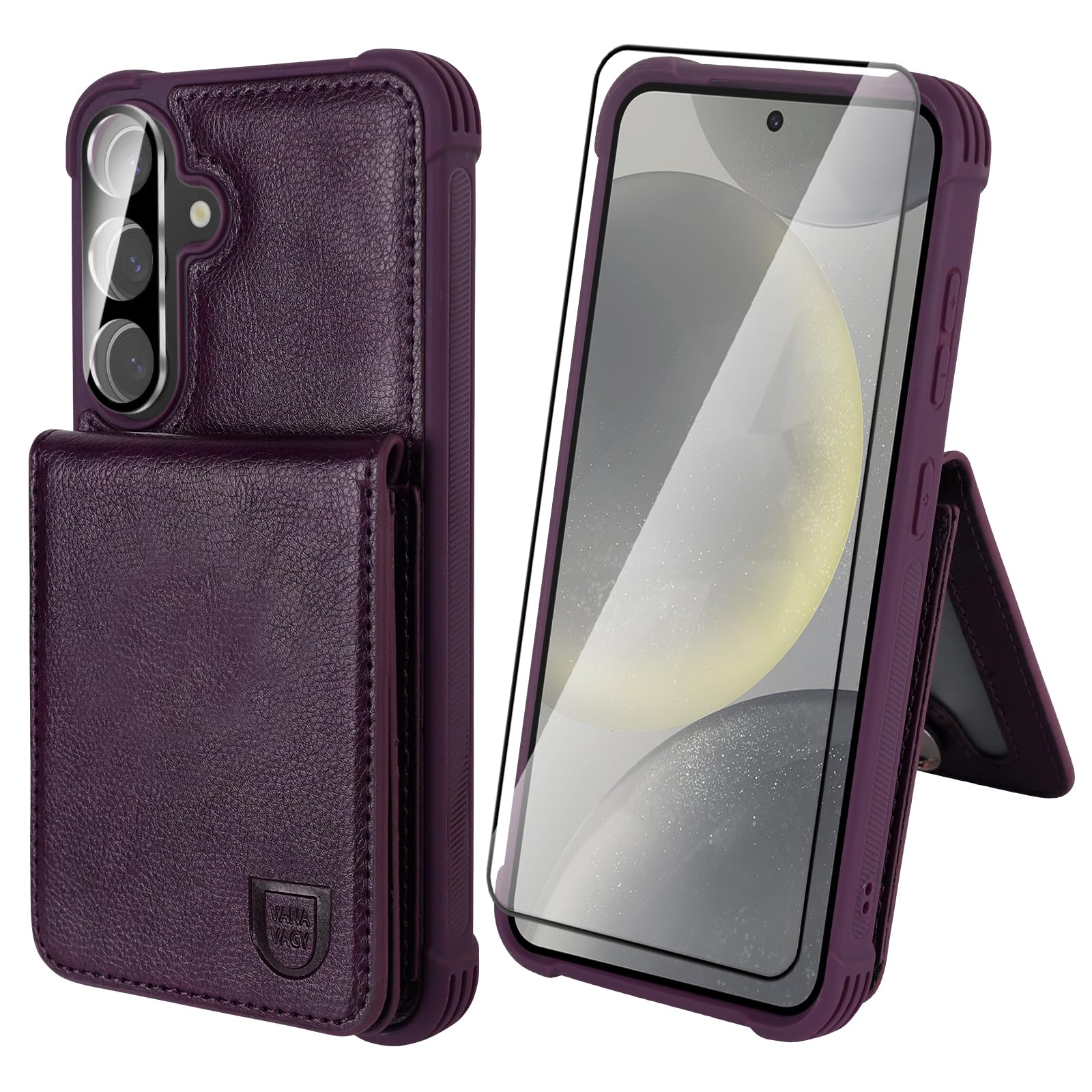 VANAVAGY Wallet Case Compatible for Galaxy S24 5G for Women and Men,Leather Magnetic Clasp Flip Folio Phone Cover with Credit Card Holder and Coin Pocket,Purple