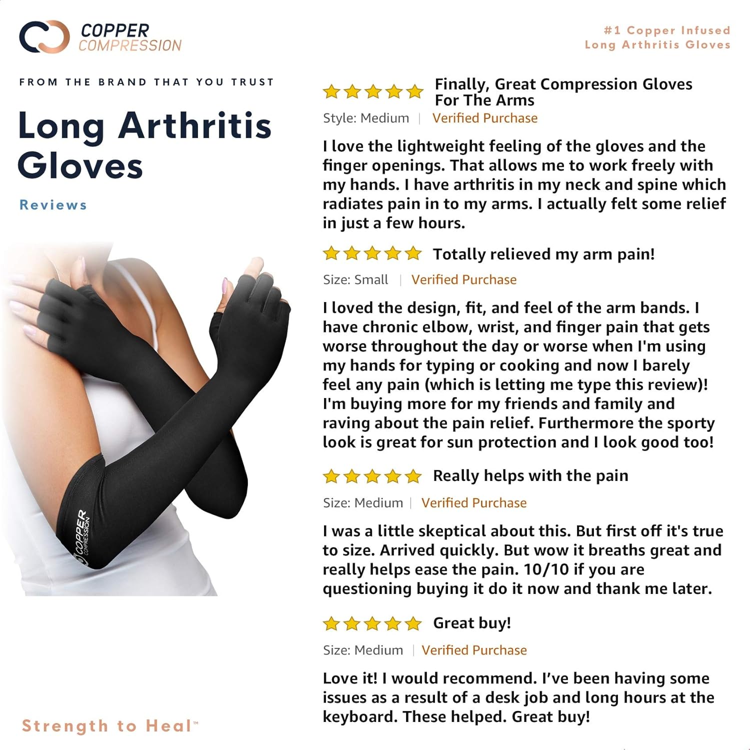 Copper Compression Long Arthritis Gloves - Guaranteed Highest Copper Content. Best Copper Infused Extra Long Fit Glove for Women + Men Carpal Tunnel Computer Typing Support Hands Wrist 1 Pair (Medium): Industrial & Scientific
