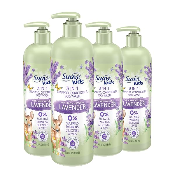 SUAVE KIDS NATURAL LAVENDER OIL 3-IN-1 TEAR FREE, BODY WASH, SHAMPOO AND CONDITIONERS, NO SULFATES, NO PARABENS, NO SILICONES, NO DYES, 16.5 OZ PACK OF 4
