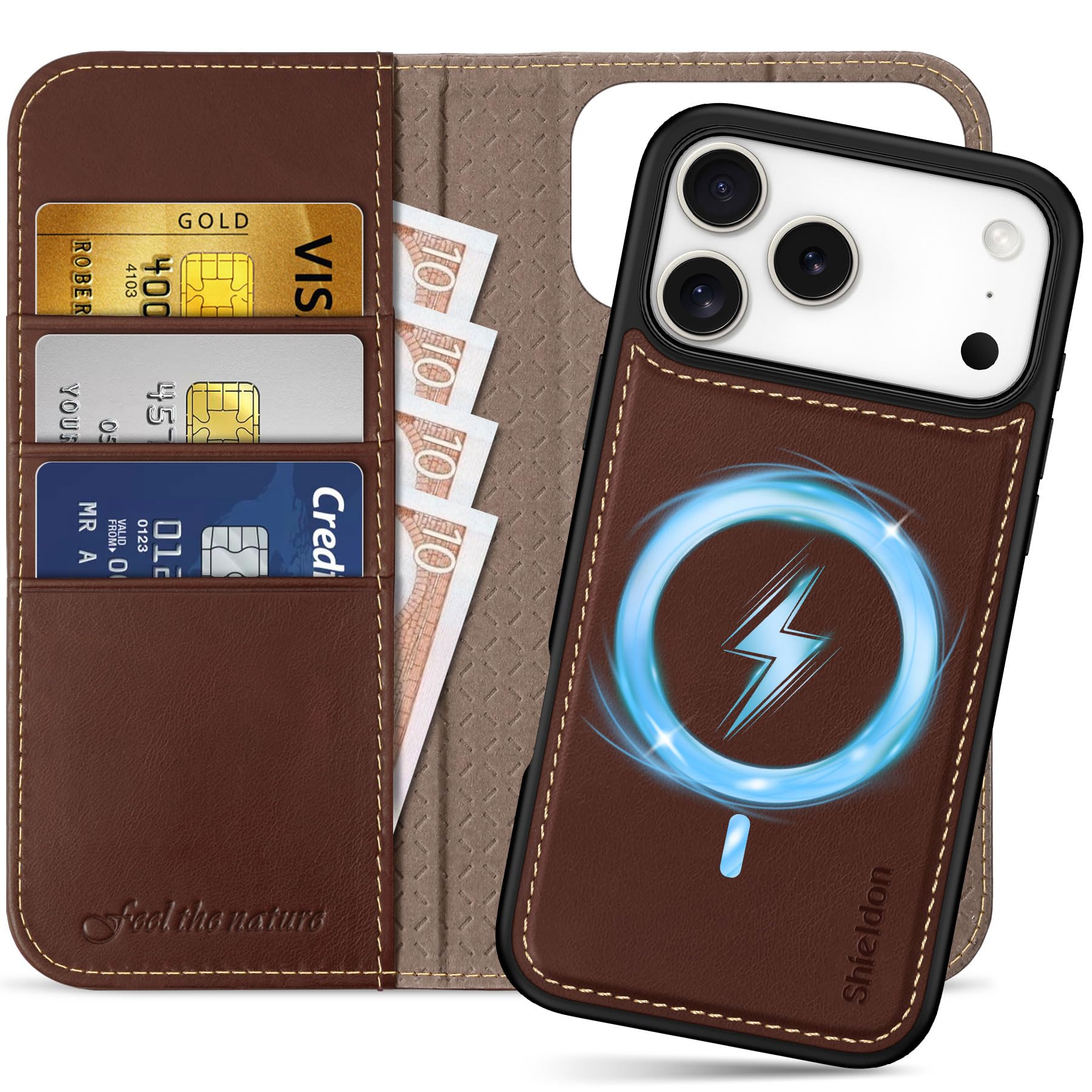 Photo 1 of SHIELDON Detachable Leather Wallet Case for iPhone 17 Pro Max 6.9" 2025 | Wireless Charging, Removable Flip Magnetic Cover, RFID Blocking Credit Card Holder, Kickstand, Full Protection - Retro Coffee