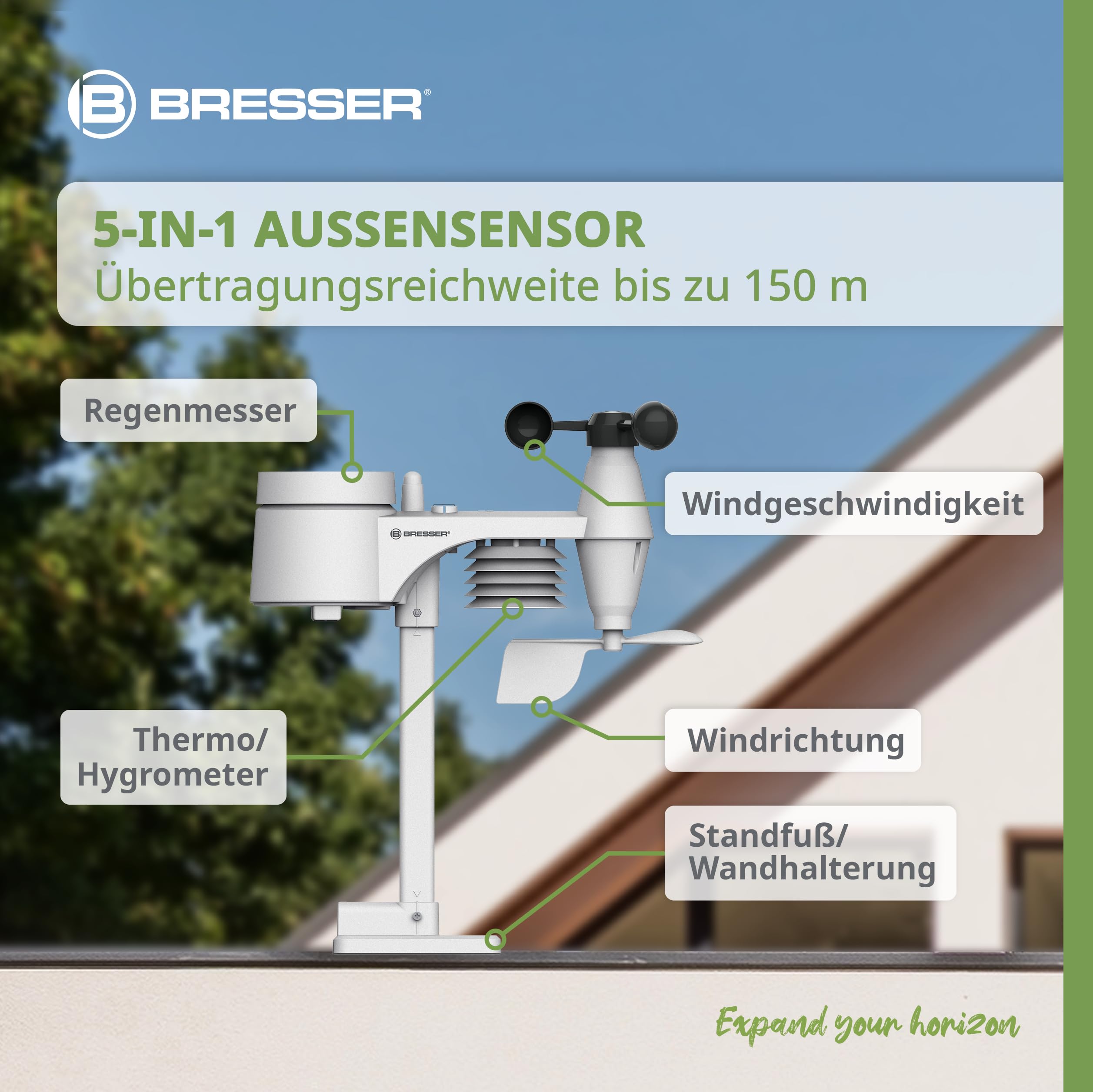 Bresser 7002525 Wetterstation Funk mit Außensensor 5-in-1 Beaufort mit großem Farbdisplay, Sensor für Temperatur, Luftfeuchtigkeit, Luftdruck, Windrichtung und Regenmesser, Schwarz, Einzigartig 6