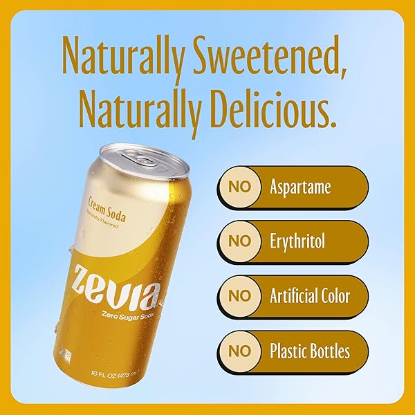 ZEVIA ZERO SUGAR SODA, CREAM SODA, 16 OZ CANS (12-PACK) – NATURALLY SWEETENED, NON-GMO PROJECT VERIFIED, GLUTEN-FREE, VEGAN