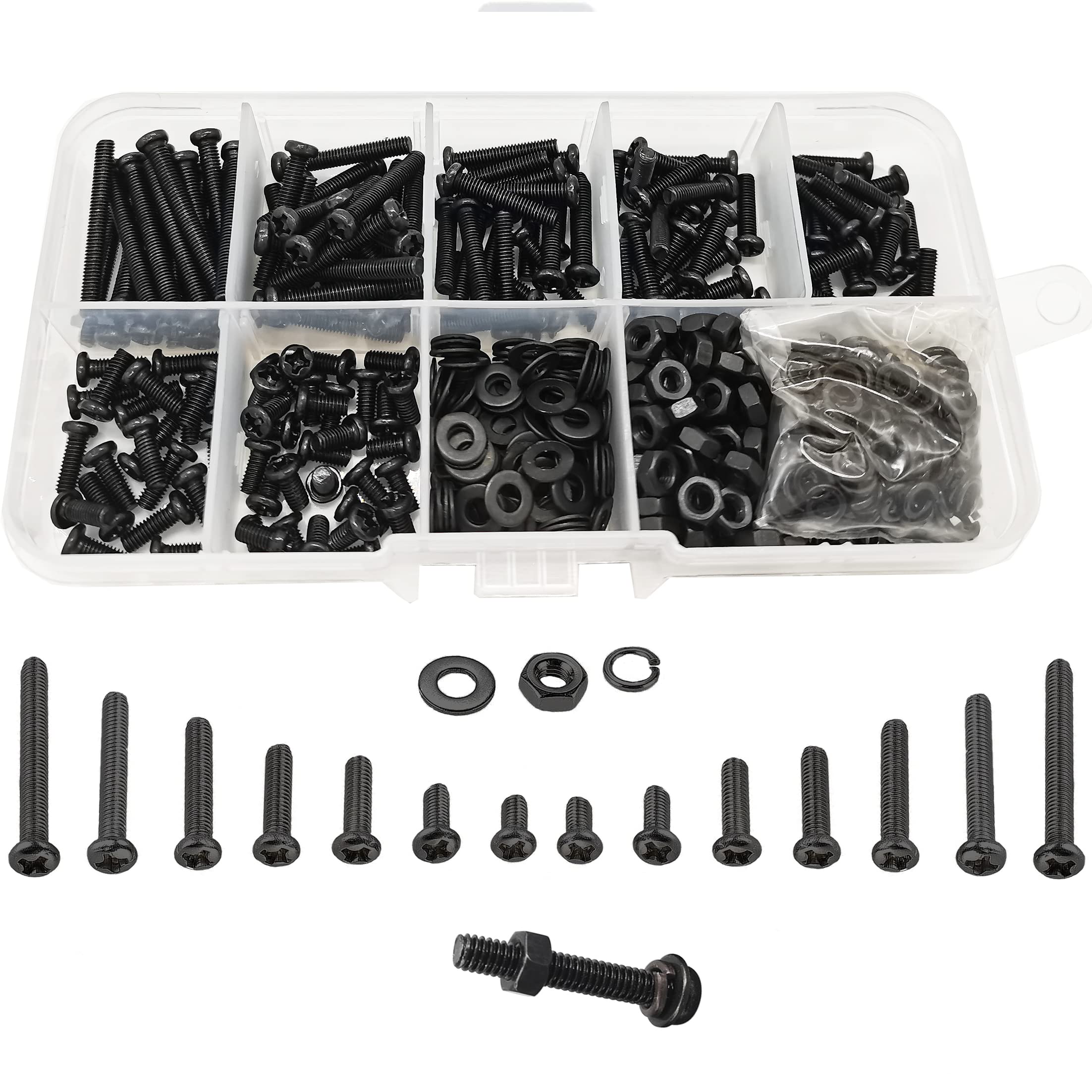 WeqeYent 600 Pcs M3 Cross Pan Head Screws Nuts Bolts Washers Assortment Set, Carbon Steel Button Head Machine Screws and Nuts with Lock Flat Washers Kit(Black)