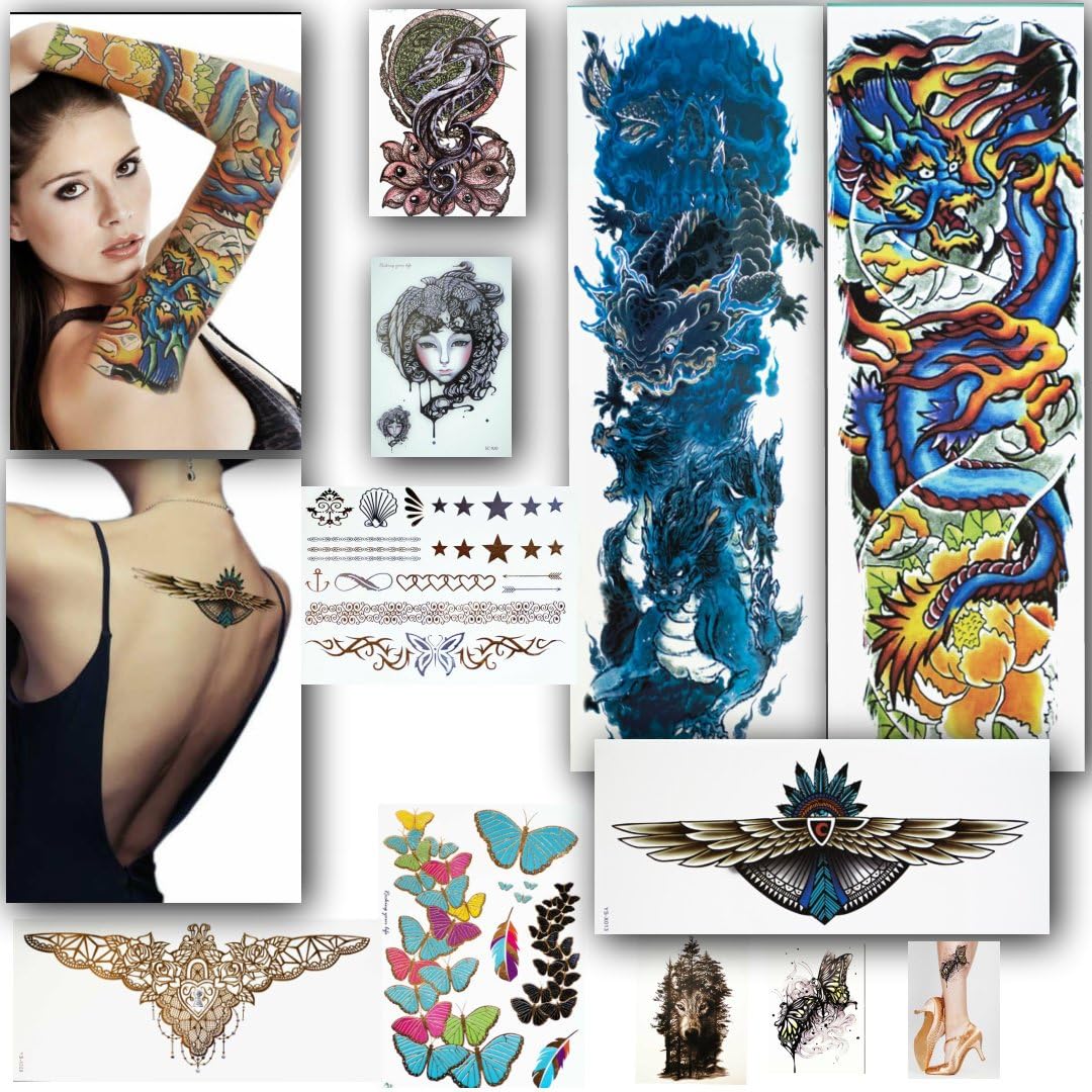 LuneSong Large Temporary Tattoos - Series # 2-10 Temporary Tattoo Sheets - Large Full Arm Sleeve Tattoo-Metallic & Realistic - For Women, For Men & For Kids (Series 2)