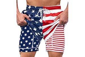 Mainfini Men's American Flag Swim Trunks 6" Inseam Board Short with Compression Liner (S-XXL)